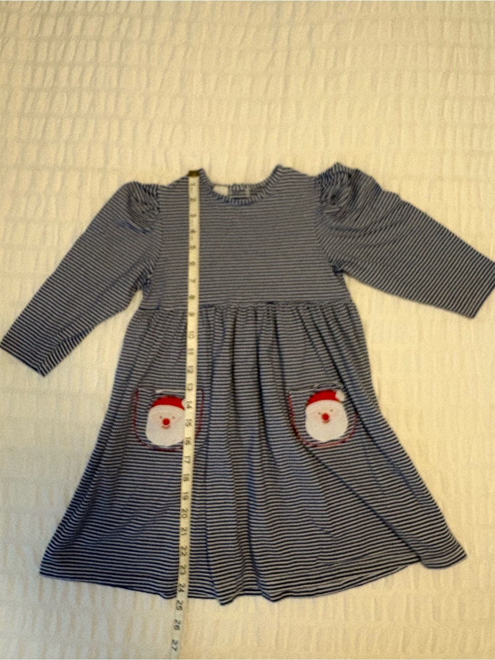 Striped Navy Blue Santa Pocket 3/4 Sleeve Kids Dress
